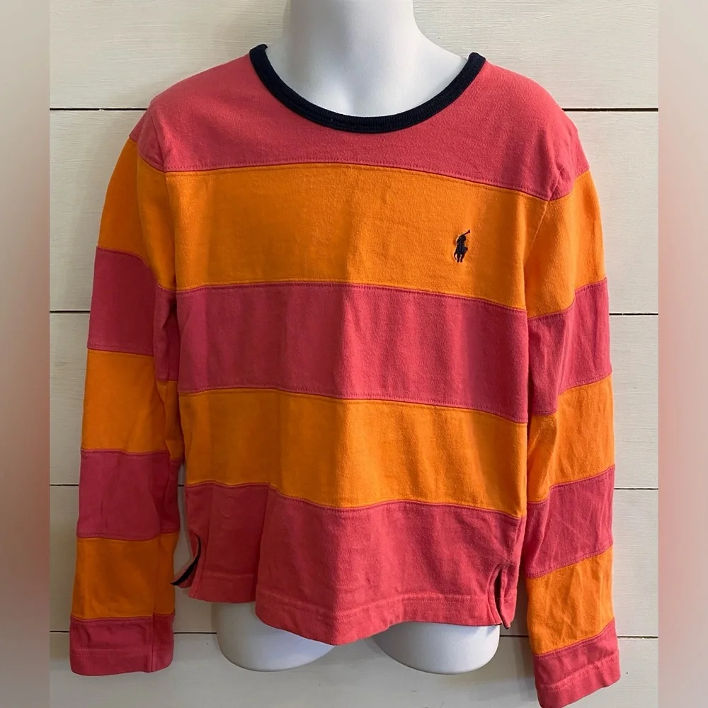 Ralph Lauren Girls’ Sz S Pink/Orange Stripe Crewneck Rugby Style Long Sleeve Top